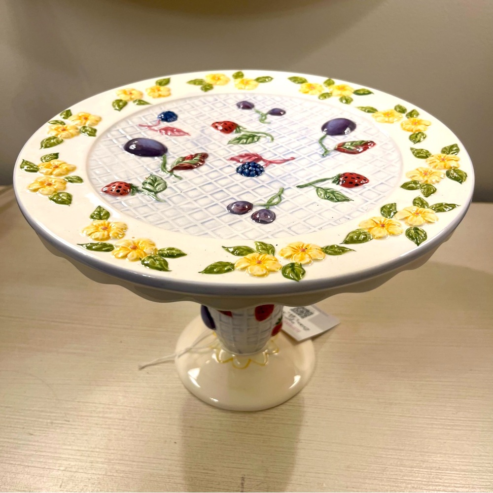 Zrike Adele Hand painted Floral & Berry Footed Cake Plate Stand NEW